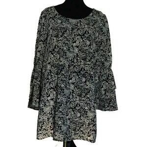 Floral Print Bell Sleeve Dress Casual‎ Bohemian Mini Dress Black Size S